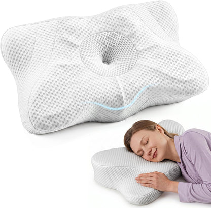 Sweetcrispy Cervical Pillow for Neck and Shoulder - Ergonomic Memory Foam Pillows, Contour Side Sleeper for Adults, Cooling Orthopedic Neck Support for Back Stomach Sleepers, White