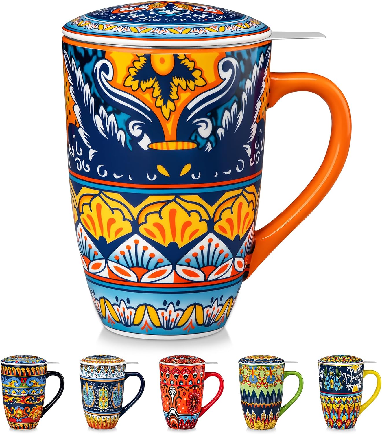 vancasso 18 Oz Tea Infuser Mug with Lid, Mint Petal Whirl | Eye catching Bohemian pattern, adds charm to any tea corner, ceramic mug with infuser, microwave and dishwasher safe