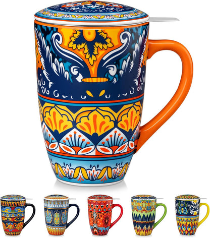 vancasso 18 Oz Tea Infuser Mug with Lid, Mint Petal Whirl | Eye catching Bohemian pattern, adds charm to any tea corner, ceramic mug with infuser, microwave and dishwasher safe