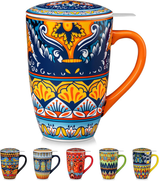 vancasso 18 Oz Tea Infuser Mug with Lid, Mint Petal Whirl | Eye catching Bohemian pattern, adds charm to any tea corner, ceramic mug with infuser, microwave and dishwasher safe
