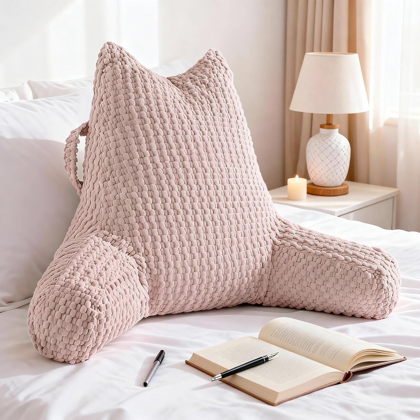 Standard Reading Pillow for Bed Sitting Up, Backrest Pillow with Shredded Memory Foam Filling, Back Support Cushion, Bed Rest Pillow with Arms, Pockets and Washable Cover-Grey