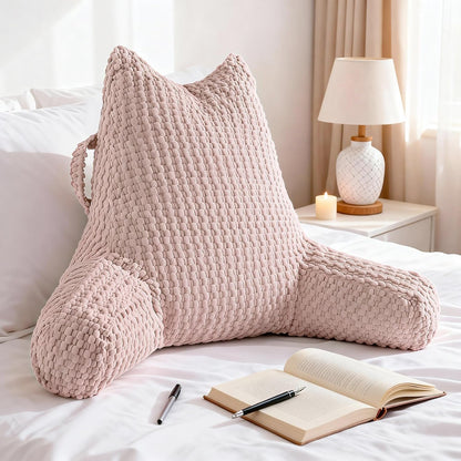 Standard Reading Pillow for Bed Sitting Up, Backrest Pillow with Shredded Memory Foam Filling, Back Support Cushion, Bed Rest Pillow with Arms, Pockets and Washable Cover-Grey