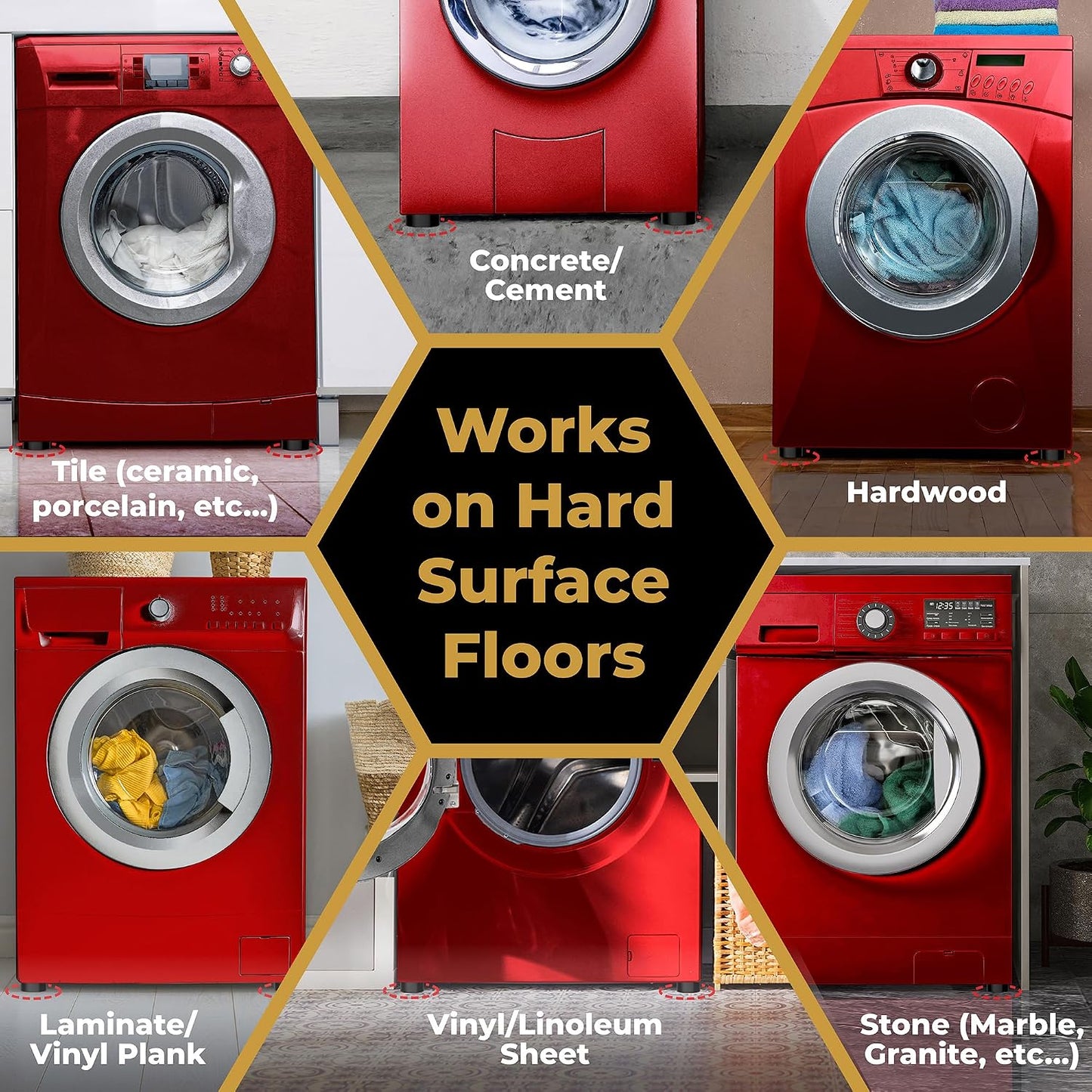 Anti Vibration Pads for Washing Machine & Dryer, Fit Feet to 2.5in 4 Pack | Stops washer walking, moving; non-slip HexaGrip; rubber shock absorber, stabilizer; spin cycle noise reducer