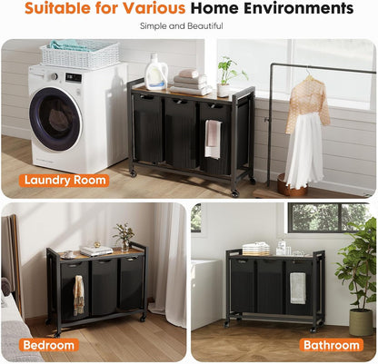 NEWBULIG Laundry Hamper Sorter with Wheels, Rolling Laundry Basket with Shelf & Removable Pull-Out Bag, Dirty Clothes Hamper for Room Organizer, 3 x 10.6 Gal (120L) - Rustic Brown and Black