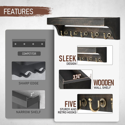 Rebee Vision Key Holder Wall Mount with 5 Hooks for Entryway, Retro Brown | Display Shelf for Plant & Letters, Key Shelf for Hats, Dog Leashes, Mail Organizer, Decorative Entryway & Living Room