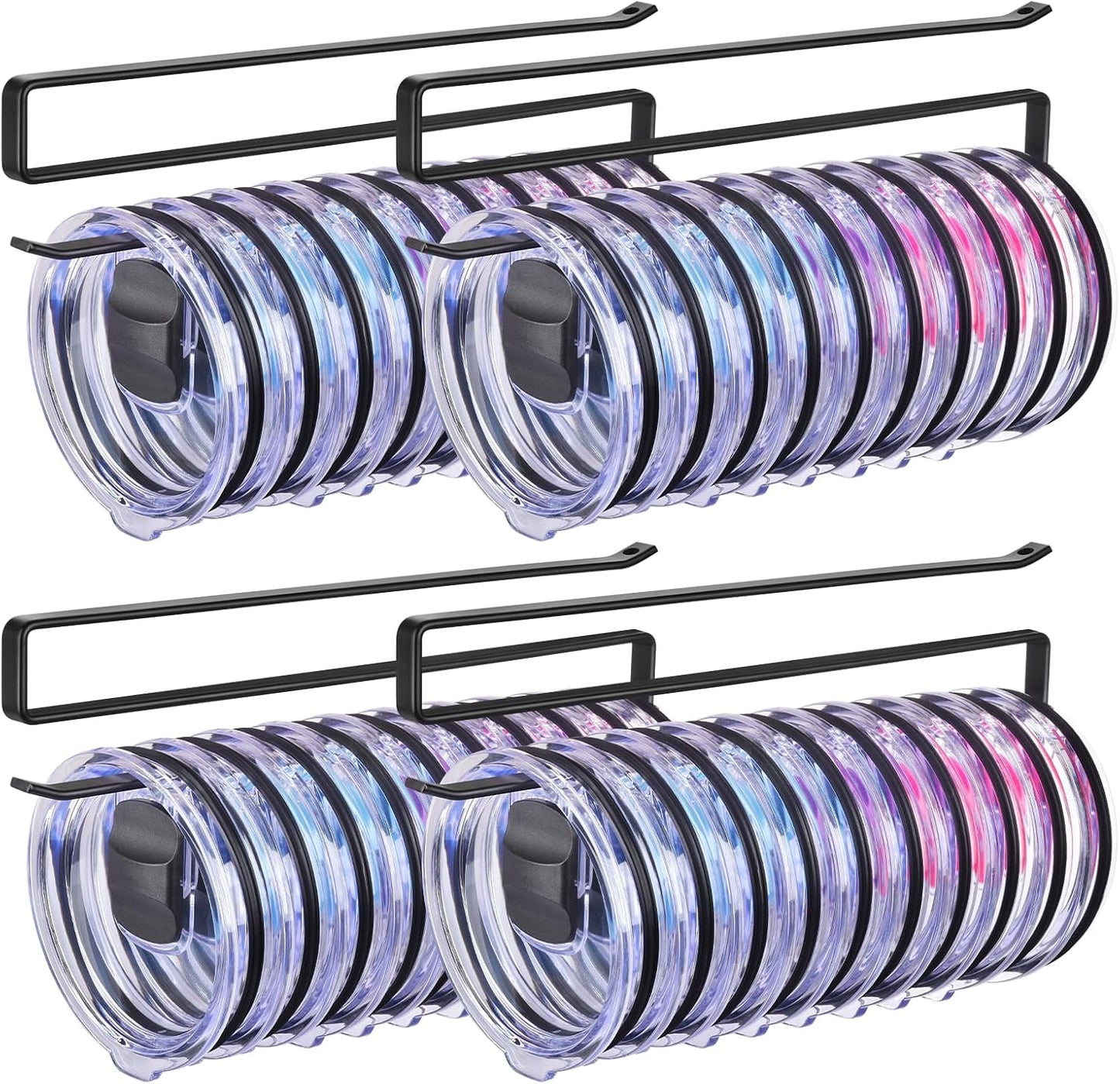 LWGFIO 2 Pack Tumbler Lid Organizer, Under Cabinet Cup Lid Holder, Black | Iron racks, 10.24-inch length, slide onto shelves, no drilling or adhesive, space-saving kitchen storage inside cabinets