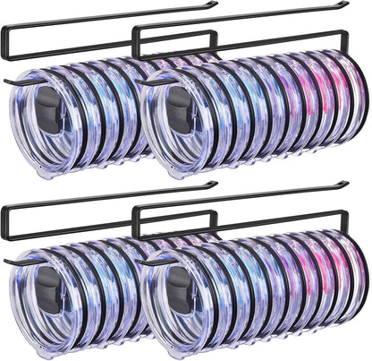 LWGFIO 2 Pack Tumbler Lid Organizer, Under Cabinet Cup Lid Holder, Black | Iron racks, 10.24-inch length, slide onto shelves, no drilling or adhesive, space-saving kitchen storage inside cabinets