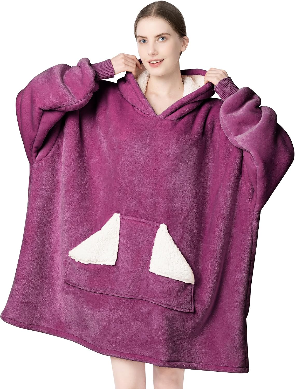 Wearable Blanket Hoodie, Oversized Sherpa Fleece Sweatshirt Blanket with Giant Hood Pocket and Sleeves for Adult, Warm & Cozy Grey Blanket Gifts for Women