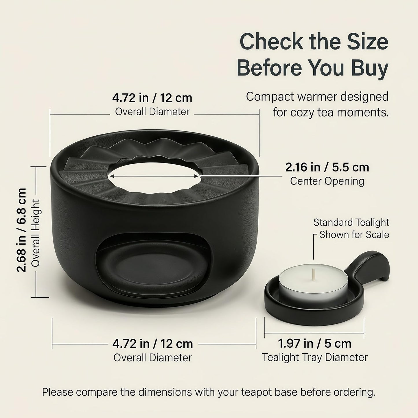 Ceramic Teapot Warmer with Removable Candle Spoon, Tea Pot Warmer Base | Deep matte black finish; 4.72 in low-profile base fits flat-bottom glass or ceramic teapots and uses a standard tealight.