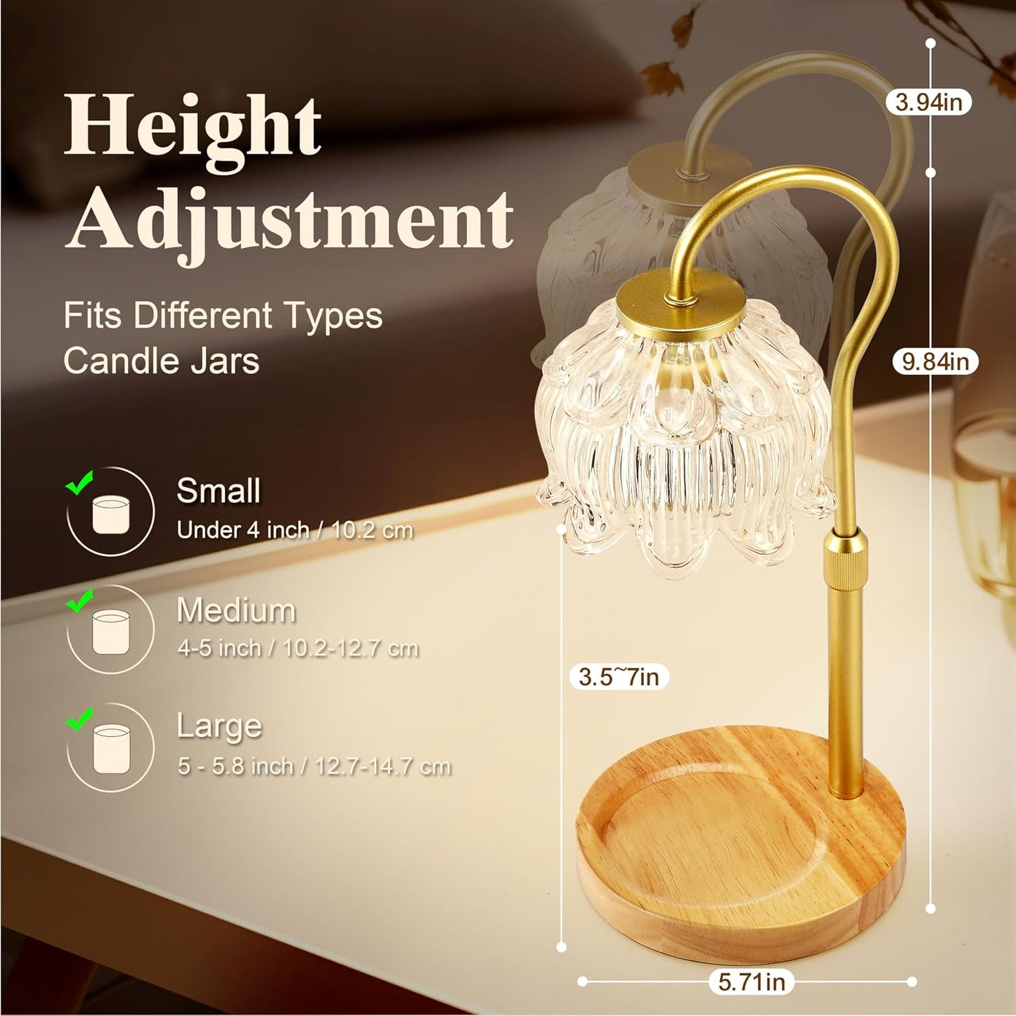 Dreamholder Electric Candle Warmer Lamp with Timer & Dimmer, Adjustable Height Wax Melt Warmer for Jar Candles, Wood Base Candle Melter, Floral Home Decor Gifts for Women, Mom, Natural Wood