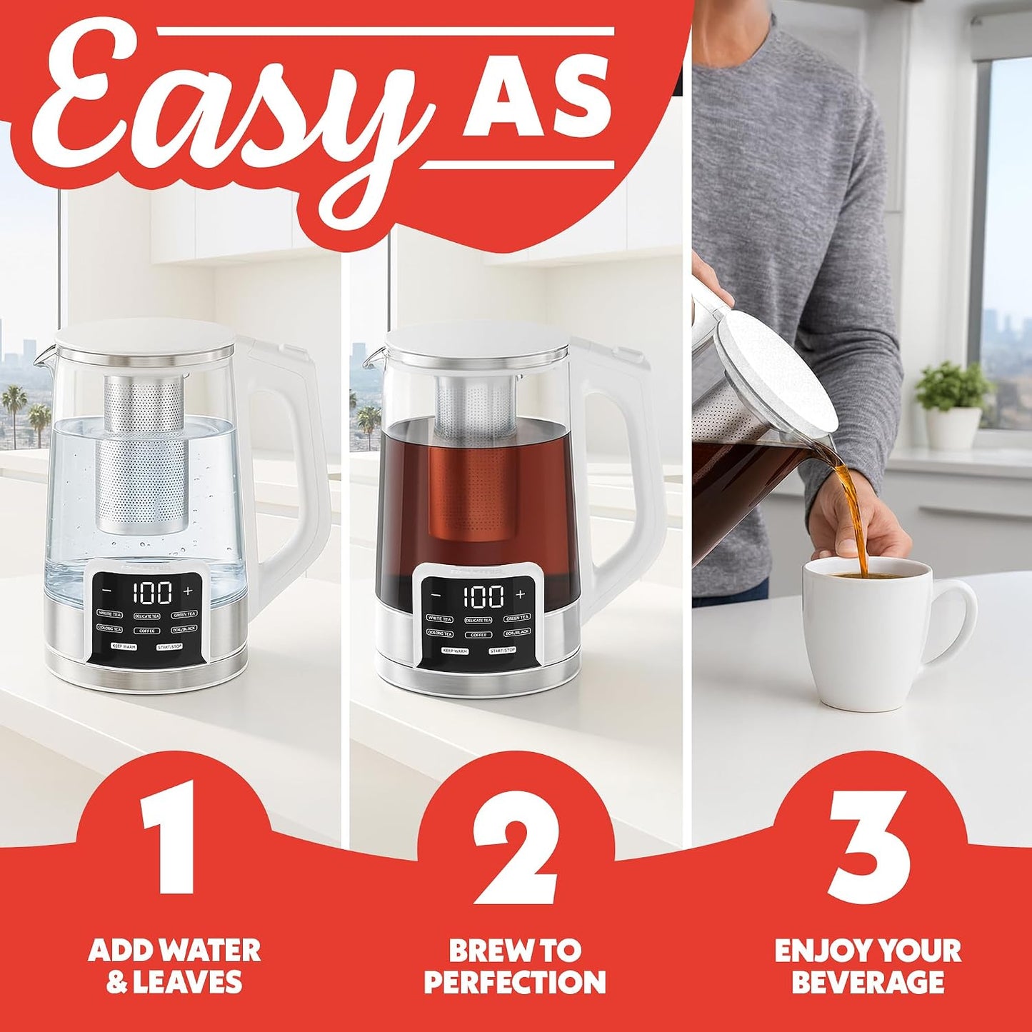 Gourmia Electric Glass Kettle – 1.7L Programmable Tea & Coffee Brewer with Digital Touch Display, 6 Presets, Removable Stainless Steel Infuser, Cordless with 360° Swivel Base, Black