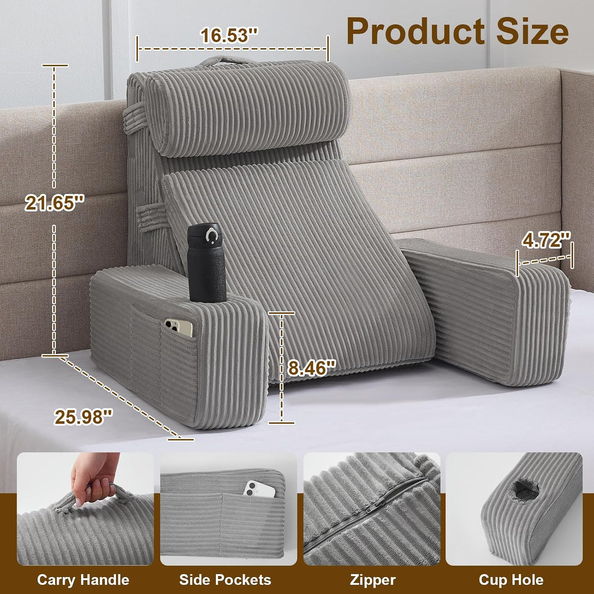 Reading Pillow for Sitting in Bed Adult, Back Pillow for Bed Sitting up with Arms, Pockets and Cup holder, Sit Up Backrest Pillows for Beds Chair Support, Rest Pillow for Gaming (Light gray)