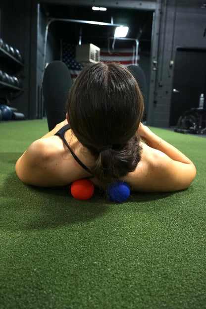 Lacrosse Massage Balls for Trigger Point Therapy, Muscle Knots, Yoga, Myofascial Release - Contains Pair of 2 Balls and Mesh Carrying Bag (Red and Blue)