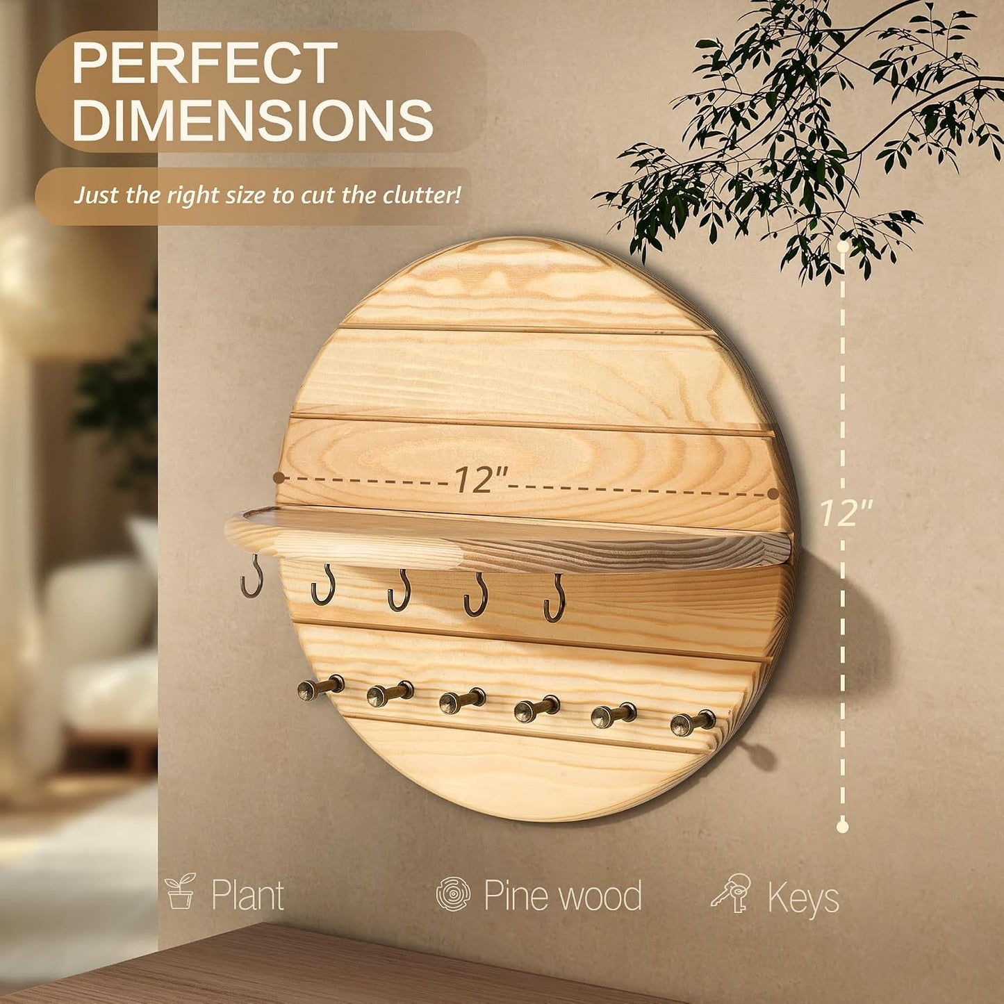 Rebee Vision Pine Wood Round Key Holder Wall Mount for Home Decor, Brown | Round Corner, Key Hooks for Dog leashes & Sunglasses, Display Shelf for Plant & Letters, Mail Organizer, Home Essentials