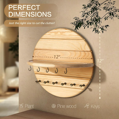 Rebee Vision Pine Wood Round Key Holder Wall Mount for Home Decor, Brown | Round Corner, Key Hooks for Dog leashes & Sunglasses, Display Shelf for Plant & Letters, Mail Organizer, Home Essentials