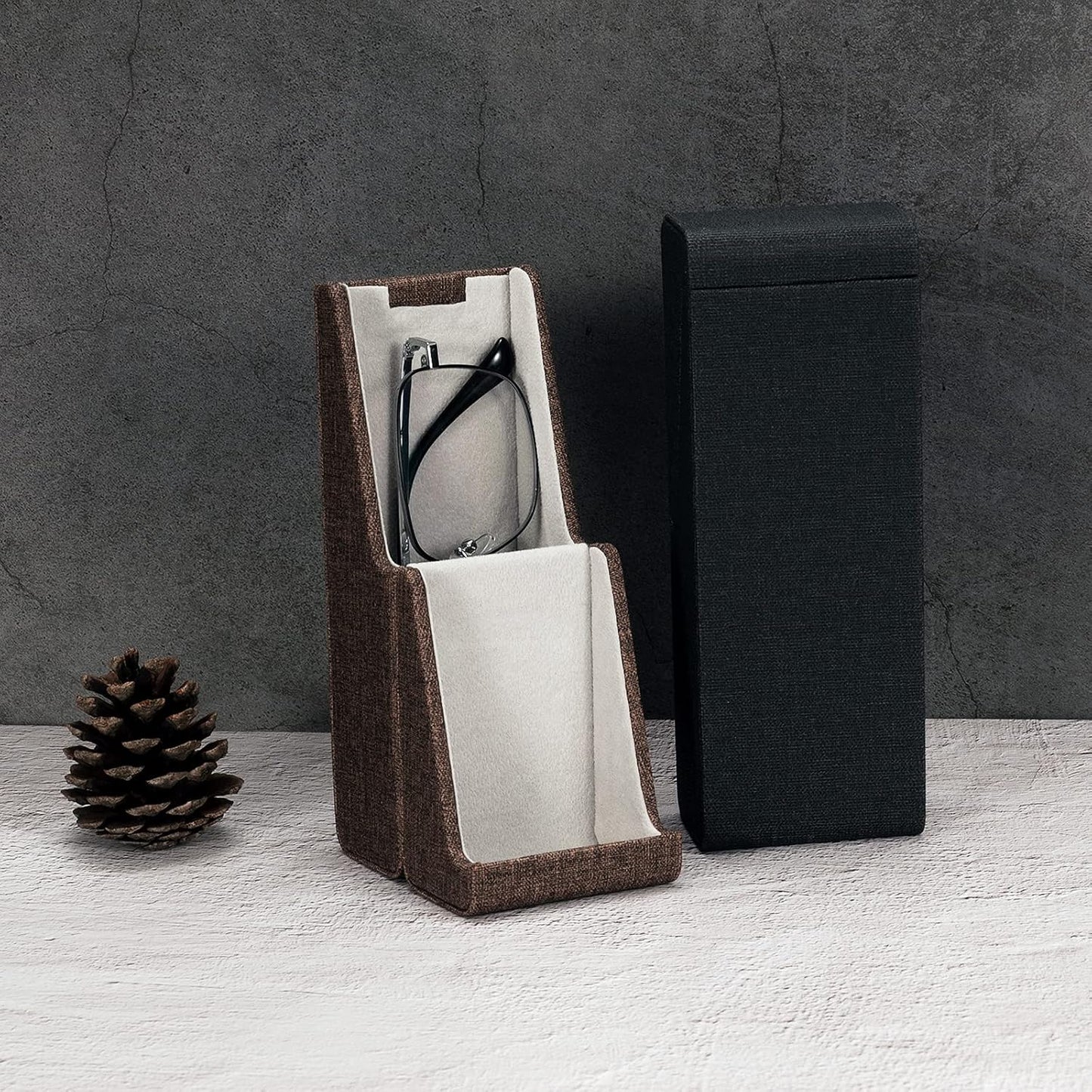 Vemiss Flip-top Glasses Case, Hard Shell Eyeglass Cases & Phone Stand | Unfolds As Phone/Pen Holder. For Desk, Nightstand, Vintage PU Leather, Eye Glass Case for Men Women
