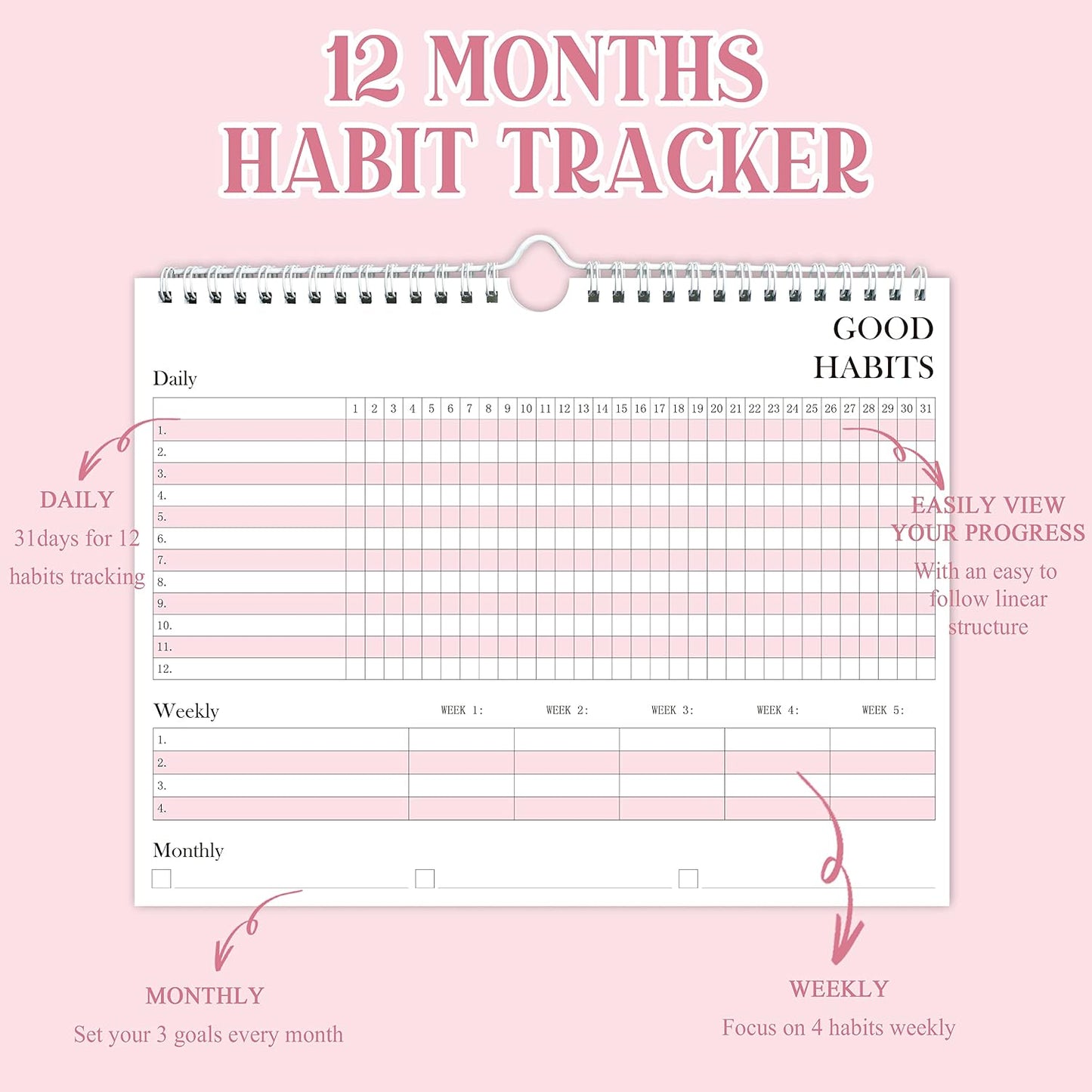 Habit Tracker Journal - Undated Weekly & Monthly Planner with Spiral Binding12Months, 8.5"x11' Pink