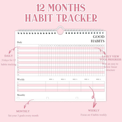 Habit Tracker Journal - Undated Weekly & Monthly Planner with Spiral Binding12Months, 8.5"x11' Pink