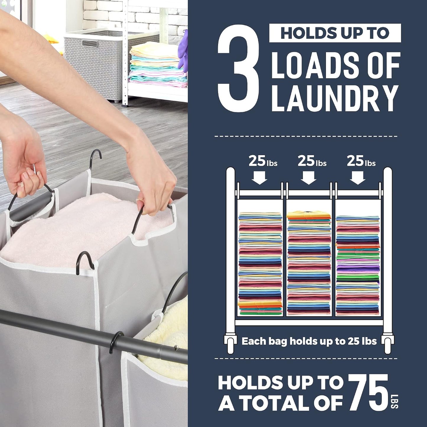STO STO Laundry Sorter 3 Section, 3 Bag Clothes Hamper, Rolling Laundry Cart Basket with Heavy Duty Lockable Wheels and Removable Bag for Laundry Room, Bedroom, Closet, Black