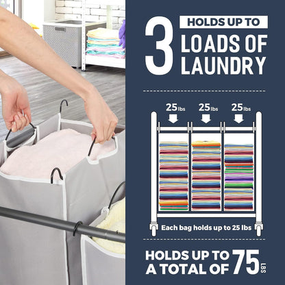 STO STO Laundry Sorter 3 Section, 3 Bag Clothes Hamper, Rolling Laundry Cart Basket with Heavy Duty Lockable Wheels and Removable Bag for Laundry Room, Bedroom, Closet, Black