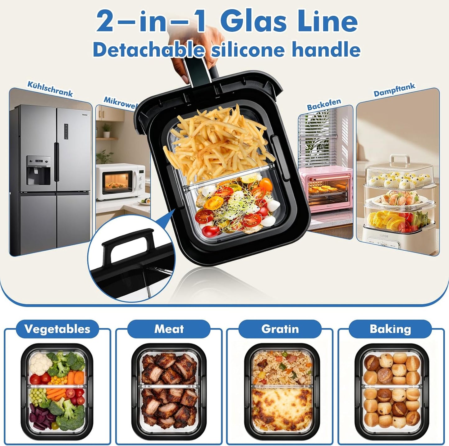 Air Fryer Accessories for Ninja Foodi DZ401, DZ550, SL401, SL451 10Qt | Glass Liners with Silicone Handles for 4-6 Qt Air Fryer, Heat-resistant, Dishwasher-safe, BPA-free