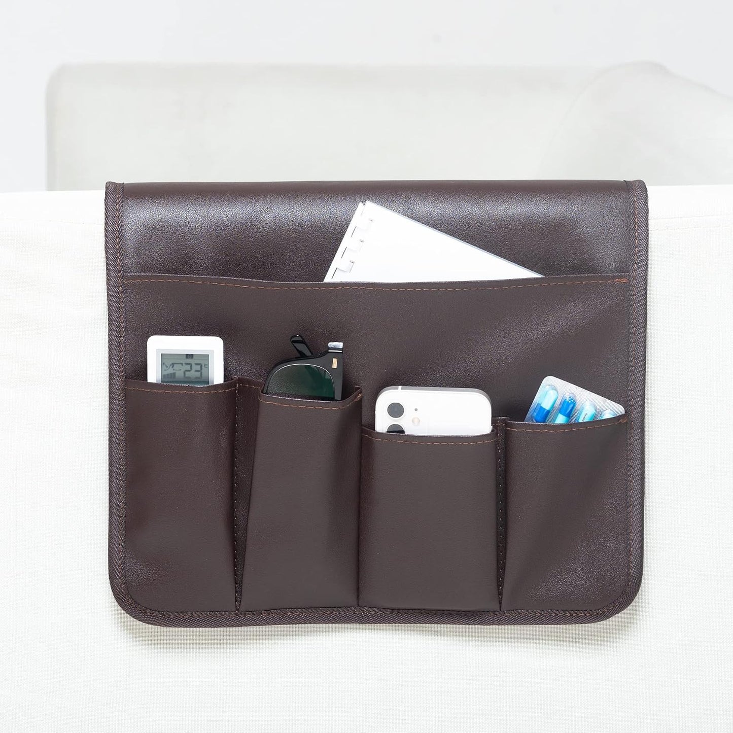 PU Leather Sofa Armrest Organizer, Armchair Magazine Holders, Waterproof Remote Holder for Recliner Couch with 1 Large Pocket, 4 Small Pockets for Magazine, Remote, Phone, Ipad, Books (brown)