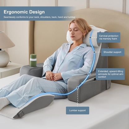 Reading Pillow for Bed with Adjustable Armrests and Side Pockets, Back Pillow for Bed Sitting Up, Sit Up Pillow, and Bed Pillows for Sitting Up, Ideal for Reading, Watching TV and Relaxing, Light Gray