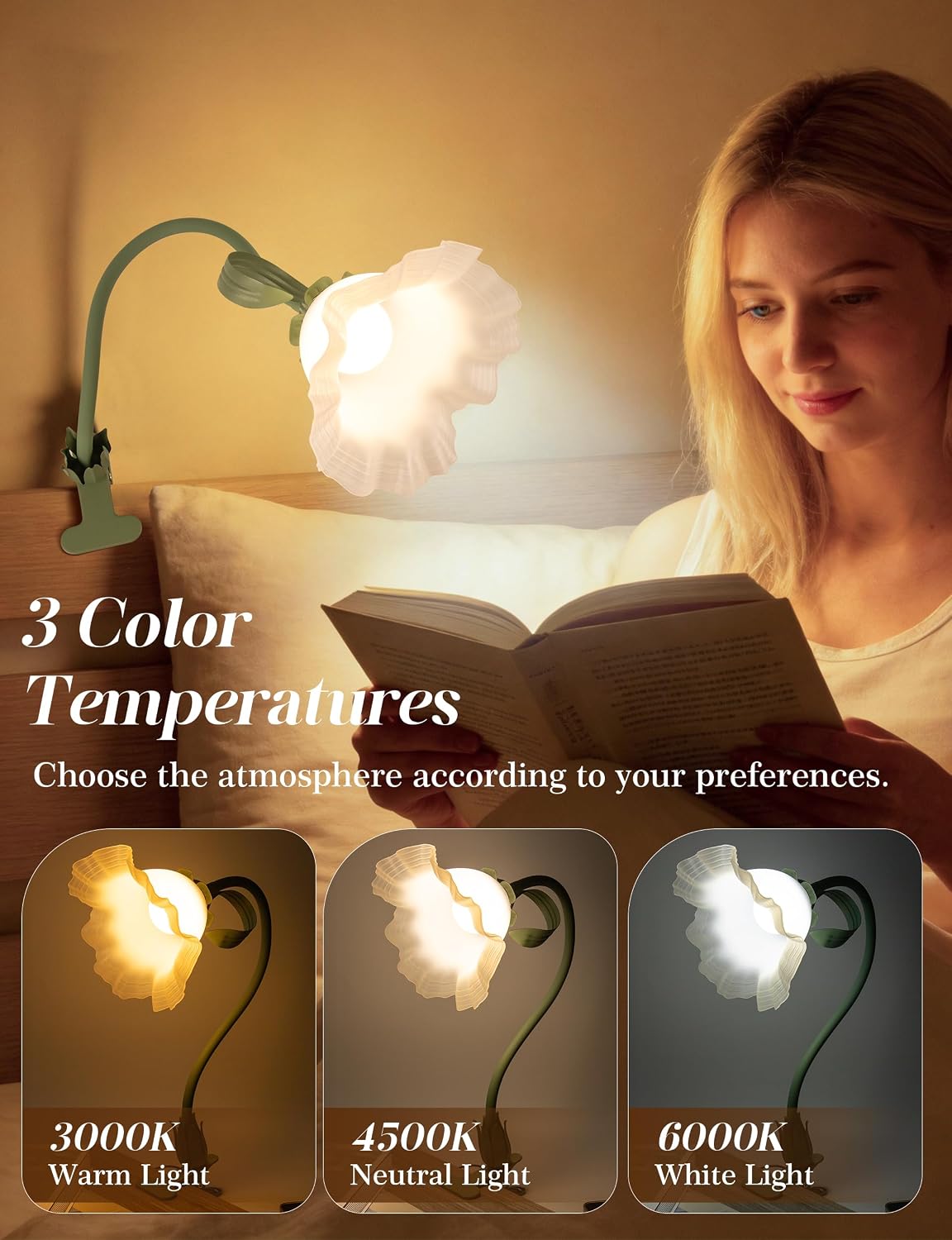 Flower Clip On Desk Lamp for Home and Dorm - Cute Floral Clip On Bedside Book Reading Light, Pink Flower Bunk Bed Lighting, Kawaii Led Flexible Gooseneck Table Lamp for Headboard with Clamp