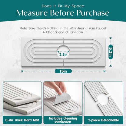 Stone Faucet Mat for Kitchen Sink – Diatomite Drying Stone Mat & Sink Protector, Prevents Moisture – Sink Splash Guard Water-Absorbing Stone Tray for Bathroom Counter (Light Grey, 20" x 3.9")