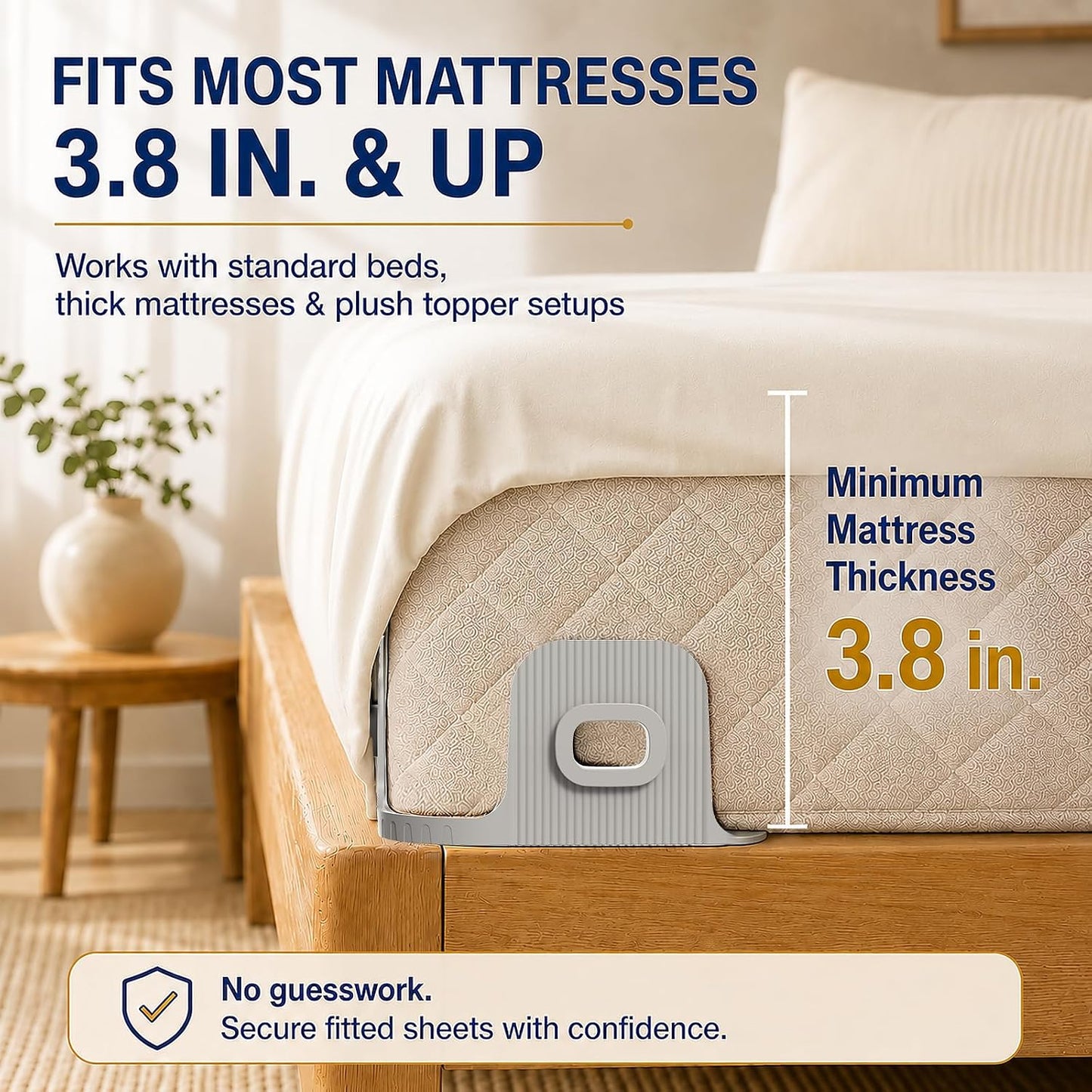 Bed Sheet Holders for Corners, 90° Quick-Lock Fitted Sheet Holder, 4-Pack | Fits 3.8-16 in. mattresses; Adjustable-base friendly; Clear corner access; One-person install; ABS, no metal teeth