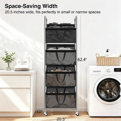 STO STO 3-Tier Vertical Rolling Laundry Hamper, Removable Bags, Black Mesh | 120L Capacity, Space-Saving Vertical Design, Rust-Resistant Steel Frame, Lockable Wheels, Ideal for Apartments & Small Spaces