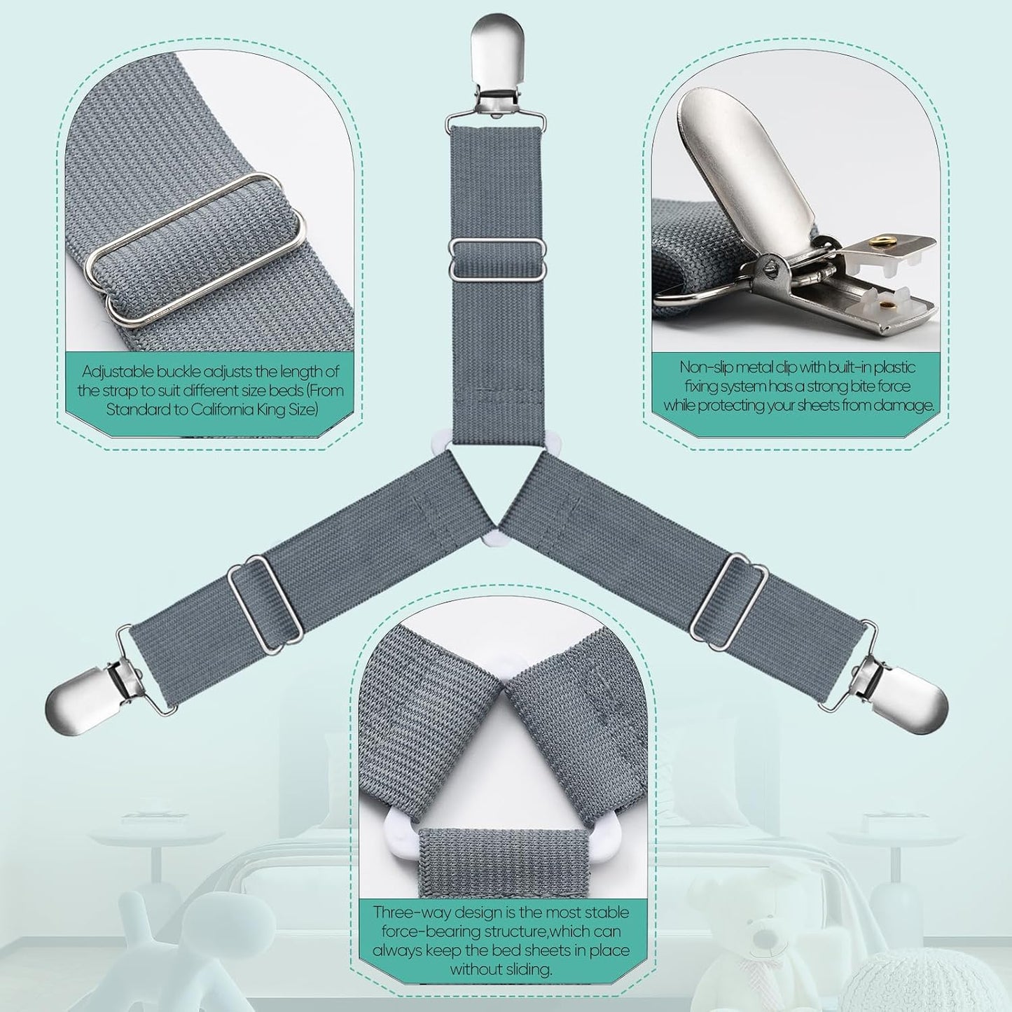 Bed Sheet Straps, Easy to Install Sheet Straps, Fitted Sheet Clips, Adjustable Sheet Fasteners, Say Goodbye to The Messy Sheets (Gray-4 Pcs)