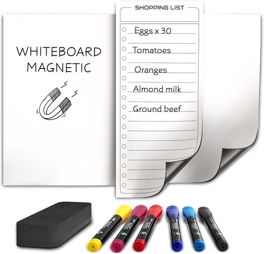 Magnetic Dry Erase Board for Fridge Whiteboard White Board Refrigerator Magnet 8”X12” Magnetic Whiteboard for Fridge & Shopping Grocery List - 6 Dry Erase Markers Included