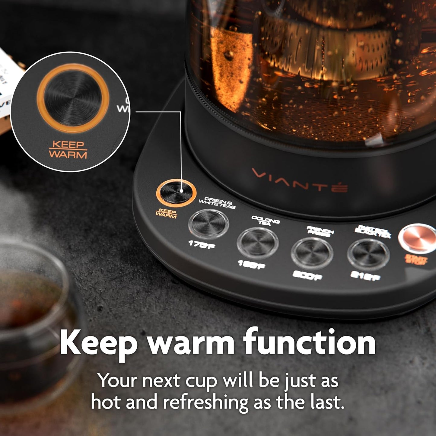 Viante Alba Electric Tea Kettle With Infuser, No Plastic, 1.5L | Borosilicate glass & 304 stainless steel construction. 4 temp presets, keep-warm, cordless, auto shut-off