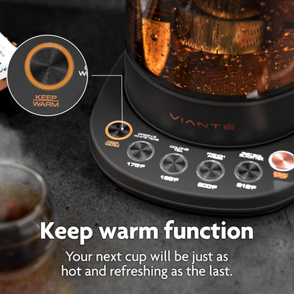 Viante Alba Electric Tea Kettle With Infuser, No Plastic, 1.5L | Borosilicate glass & 304 stainless steel construction. 4 temp presets, keep-warm, cordless, auto shut-off