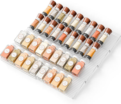 4 Pack Adjustable Narrow Spice Rack for Drawer - Expandable From 9" to 17.7" - Acrylic Drawer Seasoning Organizer,Tiered Clear Spice Tray for Spices,Condiment,Nail Polish and Jar Organization