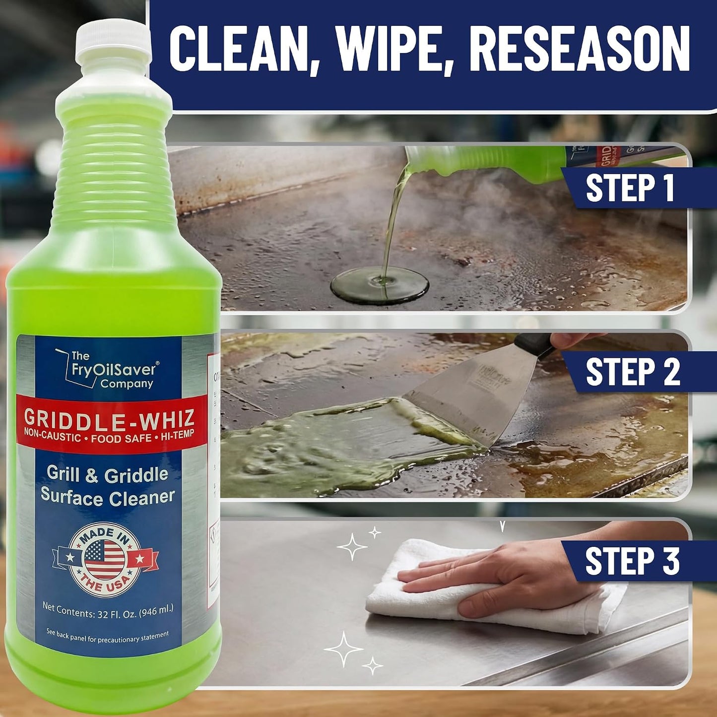 Griddle-Whiz Grill & Griddle Cleaner (4-Pack) | Removes Grease, Food Residue, Burnt On Organics | High Heat Flat Top Grill Cleaner, Food Contact Surface | Non-Caustic Formula by FryOilSaver (32oz)
