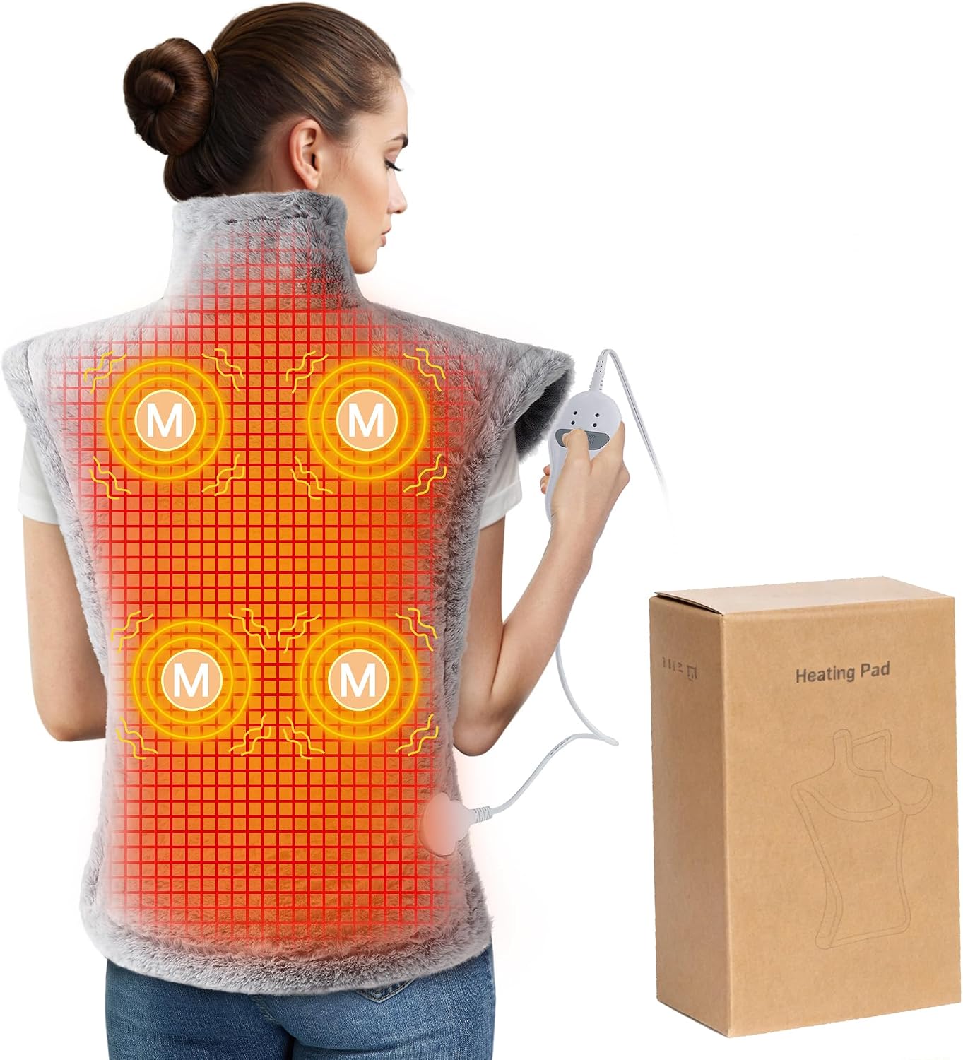 Massaging Heating Pad for Back, Neck and Shoulder Massager | 2 Heat Levels, 4 Massage Settings, 4 Massage Motors, Auto Shut-Off, Gifts for Mother, Blue