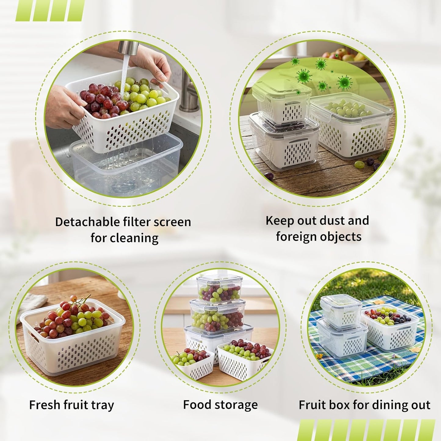Fruit Storage Containers for Fridge, Grape Organizers with Removable Colander, 3-Pack No-Leak Design, Durable and Easy to Clean, Keeps Grapes Fresh, Perfect for Fridge Storage and Organization