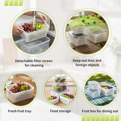 Fruit Storage Containers for Fridge, Grape Organizers with Removable Colander, 3-Pack No-Leak Design, Durable and Easy to Clean, Keeps Grapes Fresh, Perfect for Fridge Storage and Organization
