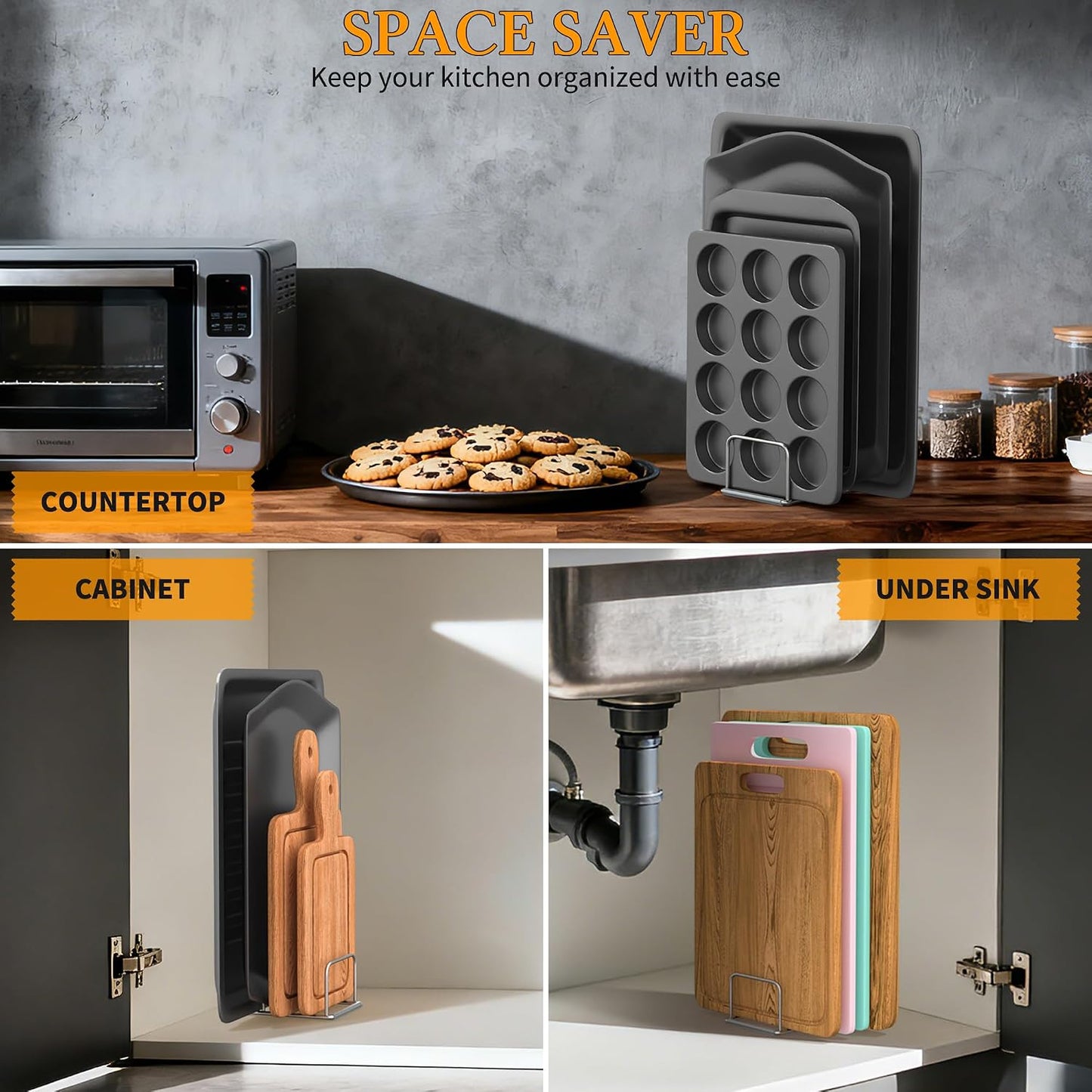 Cutting Board Organizer Holder Stand, Stainless Steel, 1PC(1.0in) | 4 Slots, For Baking Sheet and Cookie Sheet, Storage Rack