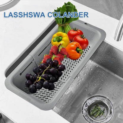 LASSHSWA Collapsible Colander for Kitchen, Over the Sink Strainer Basket for Kitchen, Fruit Pasta Food Strainer Expandable Plastic Colander BPA Free (Black)
