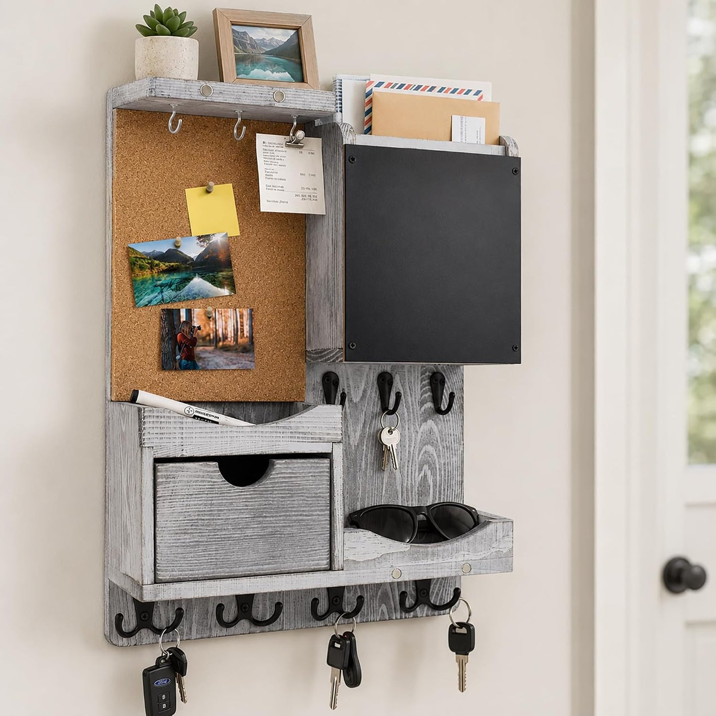 Key Holder for Wall Mount with Shelf and Mail Organizer, Key and Mail Holder with 16 Hooks, Farmhouse Entryway Organizer, Home Decor Rack (Pine Wood, White Washed)