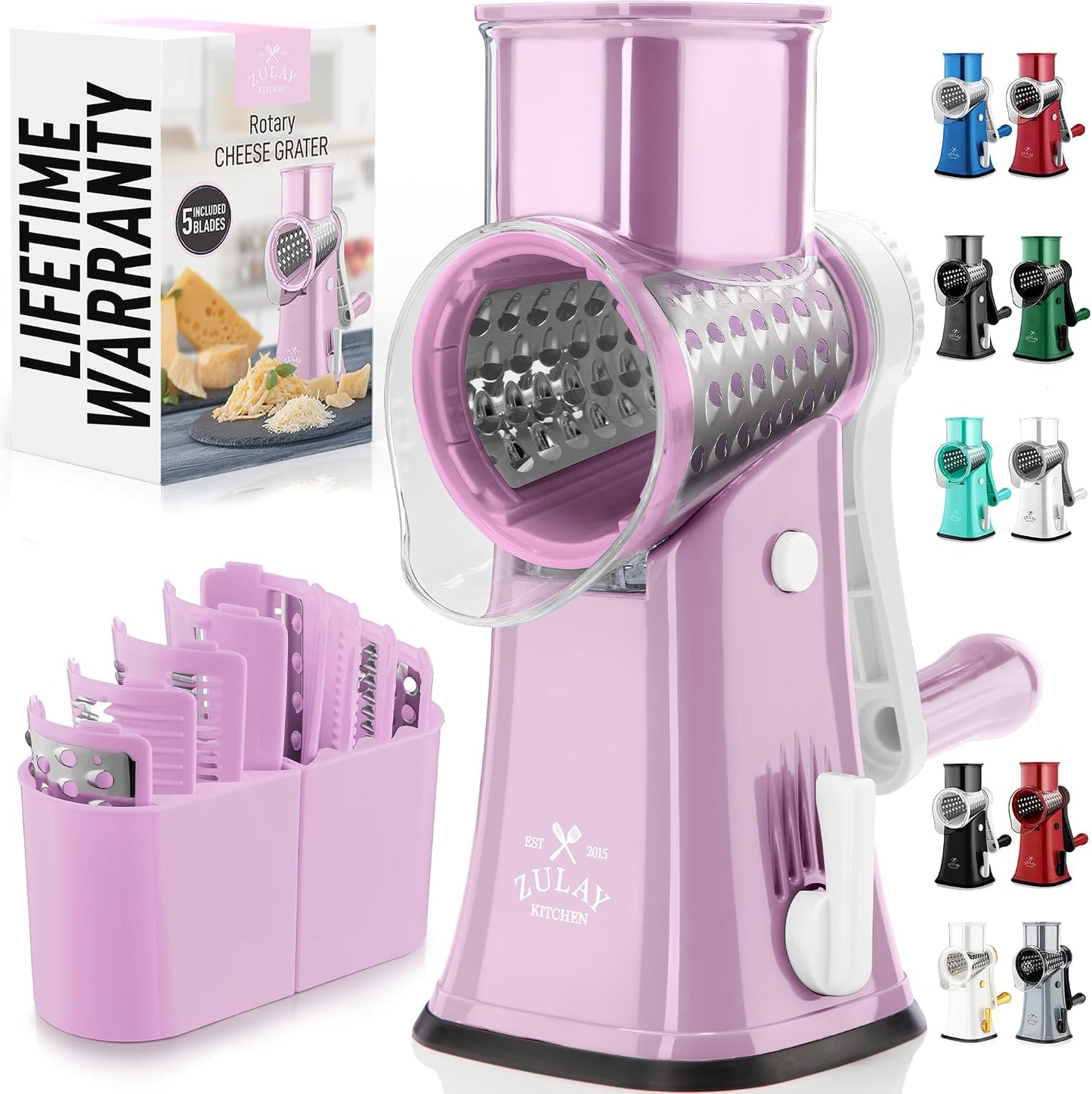 Zulay Kitchen Rotary Cheese Grater 5 Blade Cheese Shredder - Manual Hand Crank Cheese Grater With Reinforced Suction & 5 Interchangeable Drums - Easy to Use, Vegetable Chopper Round Mandoline Slicer - Colors A