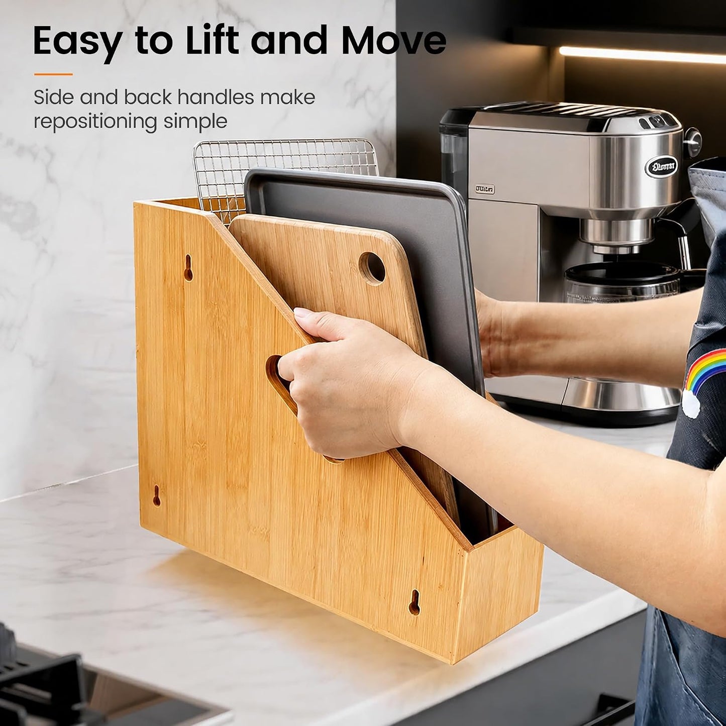Slim Bamboo Cutting Board Holder & Baking Sheet Organizer | Open-front design keeps small to medium boards and bakeware upright; size: 12.6 x 4.9 x 10.5 in. Measure before purchase