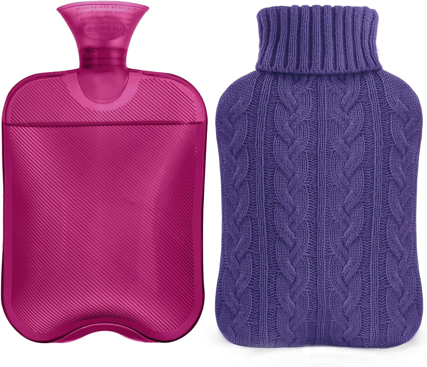 samply 2L Hot Water Bottle with Knitted Cover, Hot Water Bag, Purple | Soft knitted cover for hot or cold compress. Ideal for cramps, neck, shoulders, hands and feet. Reusable.