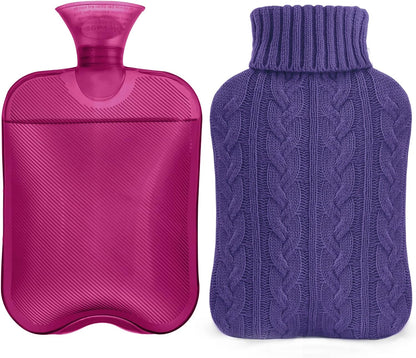 samply 2L Hot Water Bottle with Knitted Cover, Hot Water Bag, Purple | Soft knitted cover for hot or cold compress. Ideal for cramps, neck, shoulders, hands and feet. Reusable.
