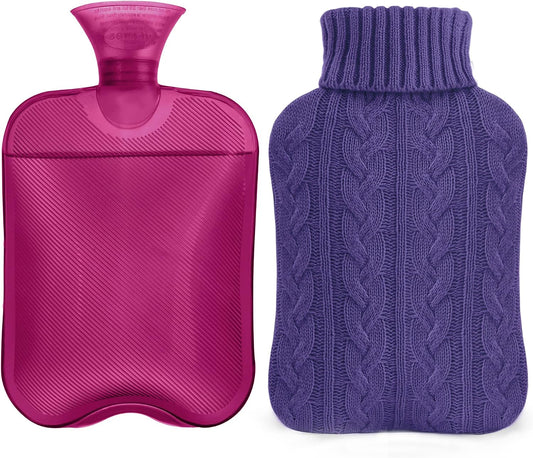 samply 2L Hot Water Bottle with Knitted Cover, Hot Water Bag, Purple