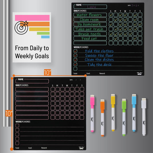 Mr. Pen- Magnetic Dry Erase Chore Chart for Fridge, 10"x10", 2 Pack | 6x Fine Point Markers, Refrigerator Magnetic Chore Chart Dry Erase for Multiple Kids, Teens and Adults