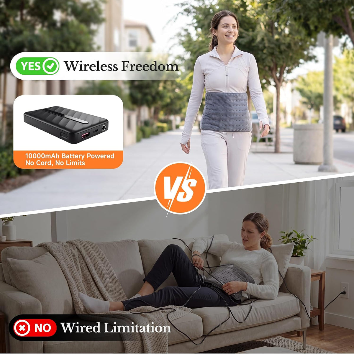Portable Cordless Heating Pad for Back Shoulders 12x24, 10000mAh Battery